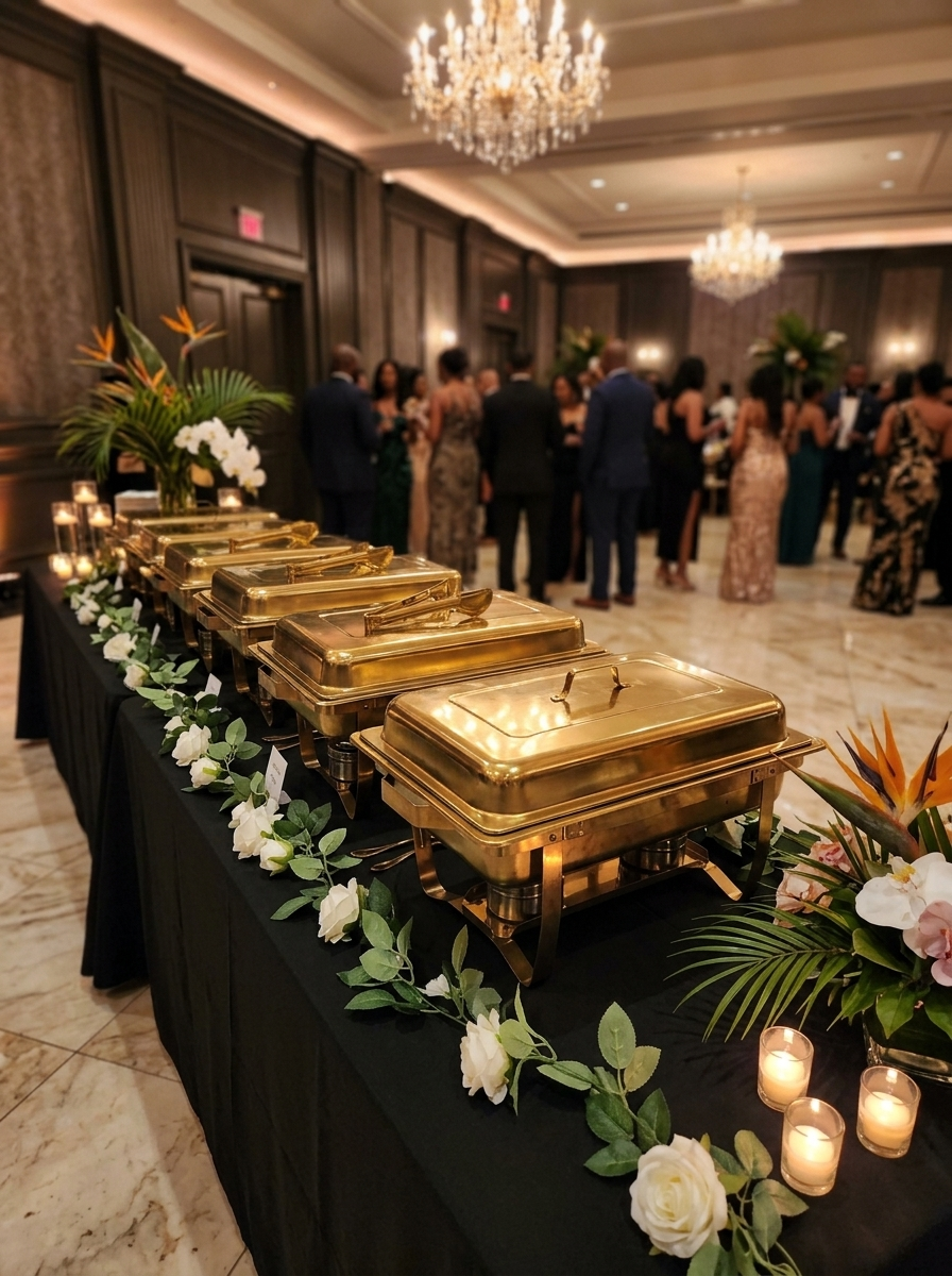 Luxury ballroom catering setup with gold chafing dishes, chandeliers and floral garland