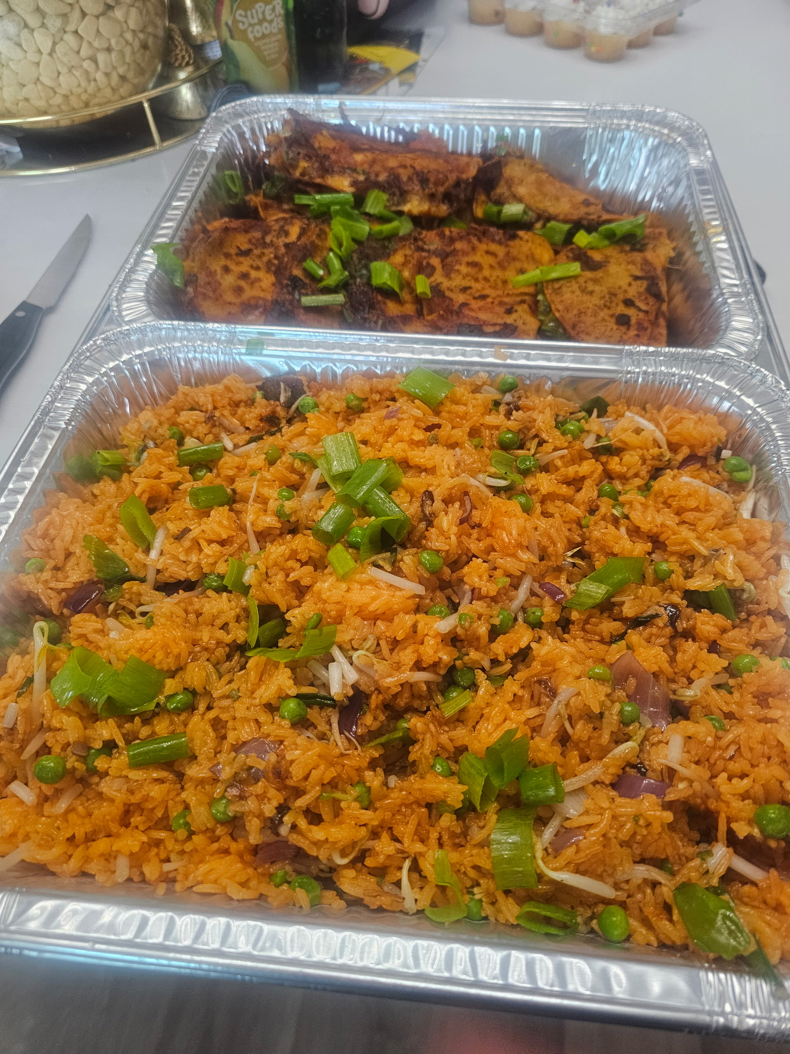 House Rice & Peas with green onions in aluminum tray