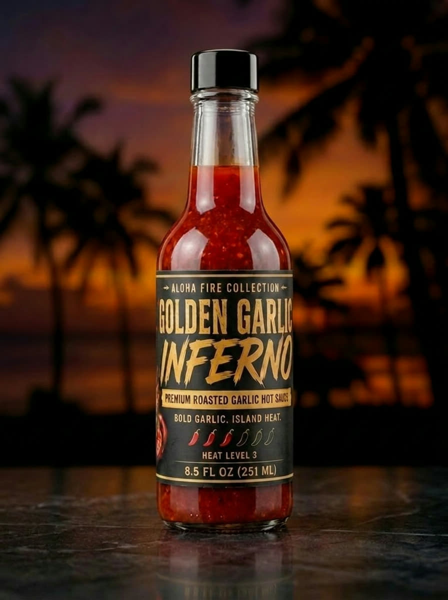 Golden Garlic Inferno hot sauce bottle